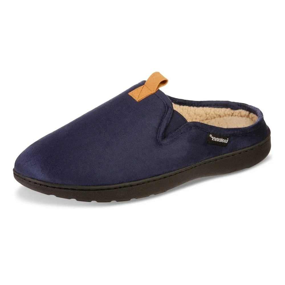 Isotoner Mens Slippers 8-9 Medium Navy Blue Microsuede Memory Foam Moccasin NEW